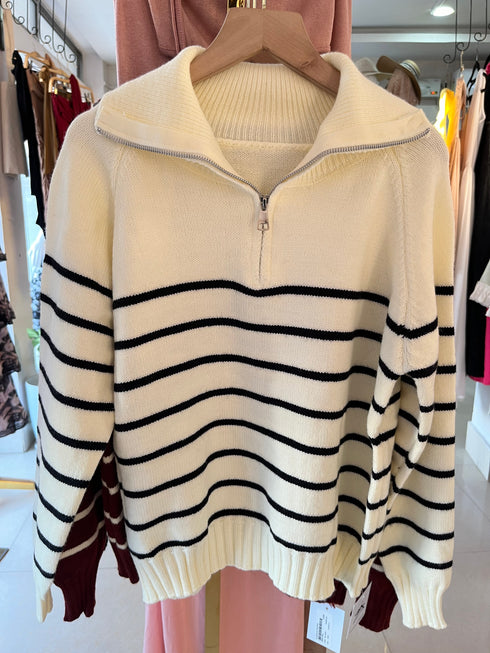 Heavy Knitted Collar Zip Stripes Pullover